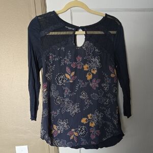 Maurices Navy Floral Blouse with Keyhole Back Detail